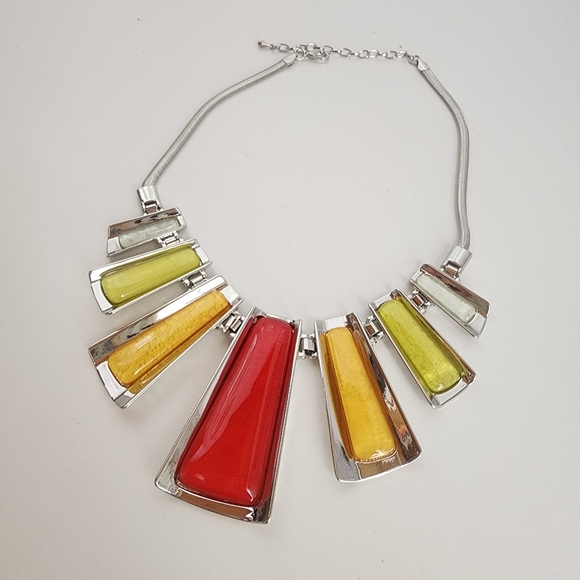 NEW Multi Colorful Epoxy Geo Bar Metal Snake Silver Chain Necklace - Picture 3 of 8